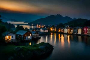 Foto tapet de himmel, vatten, berg, hus, de hav, norge, de f. ai-genererad