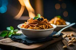 spaghetti med nötter och örter i en skål. ai-genererad foto