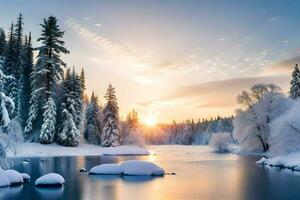 Foto tapet de himmel, snö, träd, flod, Sol, vinter, träd, flod,. ai-genererad