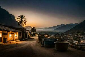 en by på solnedgång med kastruller och en handflatan träd. ai-genererad foto