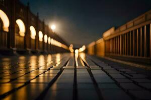 en lång bro med lampor på den på natt. ai-genererad foto