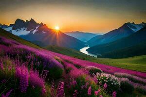 de Sol stiger över en lila fält av blommor och berg. ai-genererad foto