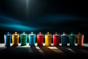 en rad av färgrik plast vatten flaskor. ai-genererad foto