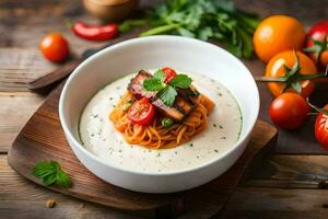 spaghetti med kött och grönsaker i en skål. ai-genererad foto