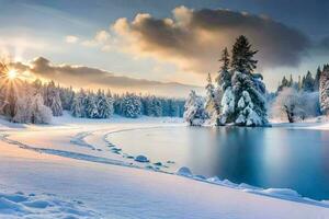 en snöig sjö omgiven förbi träd och snö. ai-genererad foto