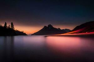 en lång exponering fotografera av en berg räckvidd och sjö på solnedgång. ai-genererad foto