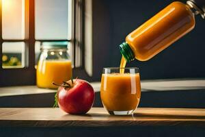 en person häller orange juice in i en glas. ai-genererad foto