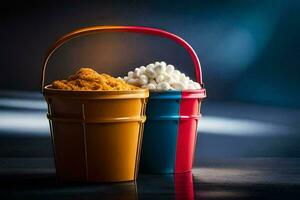 två hinkar av popcorn och marshmallows på en mörk yta. ai-genererad foto