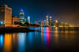 de stad horisont på natt i Shanghai, Kina. ai-genererad foto