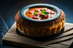 en skål av soppa med ätpinnar på topp. ai-genererad foto