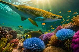 fisk simning i de hav med korall rev och fisk. ai-genererad foto