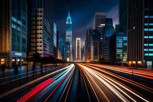 en stad gata på natt med trafik lampor. ai-genererad foto