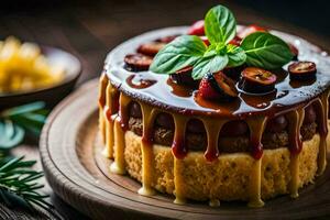 en kaka med jordgubbar och sirap på topp. ai-genererad foto