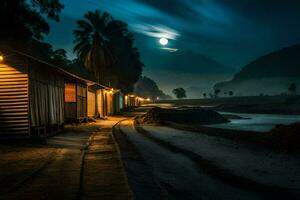 en månljus väg med hus och en flod. ai-genererad foto