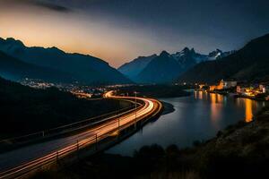 en lång exponering fotografera av en flod och bergen på natt. ai-genererad foto