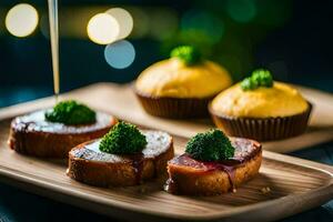 mat på en trä- bricka med broccoli och kött. ai-genererad foto