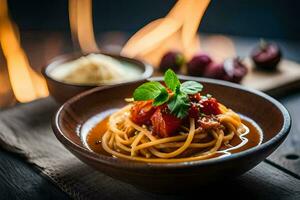 spaghetti med tomat sås och basilika löv i en skål. ai-genererad foto