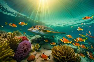 en fisk simmar i de hav med korall och fisk. ai-genererad foto