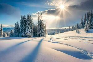 snö täckt träd och Sol lysande i de himmel. ai-genererad foto