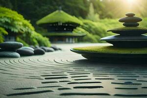 en japansk trädgård med stenar och en pagod. ai-genererad foto