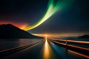 de aurora borealis lampor upp de himmel över en bro. ai-genererad foto