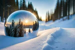 en spegel boll reflekterande de Sol i de snö. ai-genererad foto