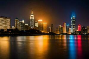 de stad horisont på natt med de lampor reflekterande av de vatten. ai-genererad foto
