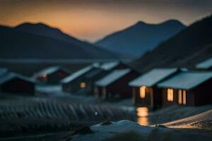 de Sol uppsättningar över en små by i de berg. ai-genererad foto