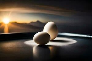 två ägg på en tabell med de Sol miljö Bakom dem. ai-genererad foto
