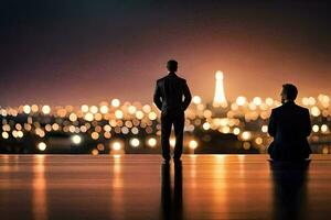 två män i kostymer stå på en balkong utsikt de stad på natt. ai-genererad foto