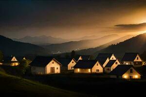 Foto tapet de himmel, berg, hus, de Sol, de berg, de Sol, de. ai-genererad