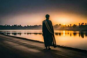 en man stående på de Strand av en sjö på solnedgång. ai-genererad foto