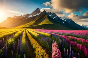 de Sol lyser på en fält av blommor och berg. ai-genererad foto
