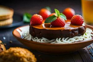 en efterrätt med jordgubbar och spaghetti på en tallrik. ai-genererad foto
