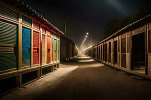 en rad av färgrik trä- hus på natt. ai-genererad foto
