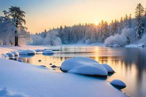 Foto tapet de himmel, snö, träd, flod, de Sol, vinter, de skog,. ai-genererad