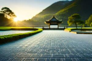 en gångväg i främre av en pagod på solnedgång. ai-genererad foto