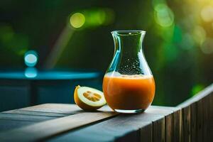 en glas kanna med orange juice på en trä- tabell. ai-genererad foto