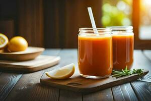 två glasögon av orange juice med en sugrör och citroner. ai-genererad foto