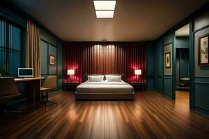 en sovrum med trä- golv och mörk väggar. ai-genererad foto