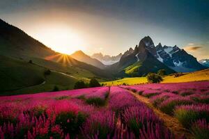 de Sol stiger över en lavendel- fält i de berg. ai-genererad foto