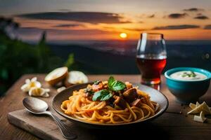 spaghetti med kött och grönsaker i en skål på en tabell med en glas av vin och a. ai-genererad foto