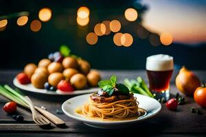 spaghetti med köttbullar och tomat sås på en trä- tabell. ai-genererad foto