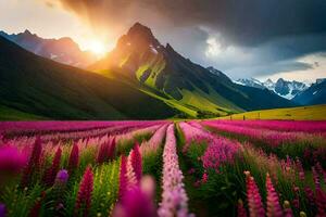 de Sol lyser på en fält av rosa blommor i de berg. ai-genererad foto