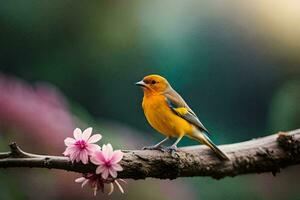 en små orange fågel sitter på en gren med rosa blommor. ai-genererad foto