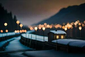 en små hus på en snöig väg med lampor. ai-genererad foto