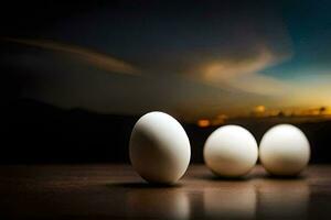 tre ägg är stående på en tabell med en solnedgång i de bakgrund. ai-genererad foto
