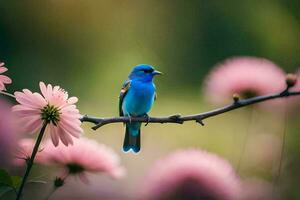 en blå fågel sitter på en gren med rosa blommor. ai-genererad foto