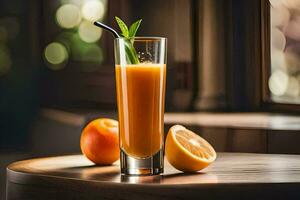 ett orange juice med en mynta blad på topp. ai-genererad foto
