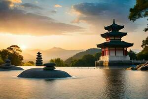 en pagod sitter i de vatten på solnedgång. ai-genererad foto